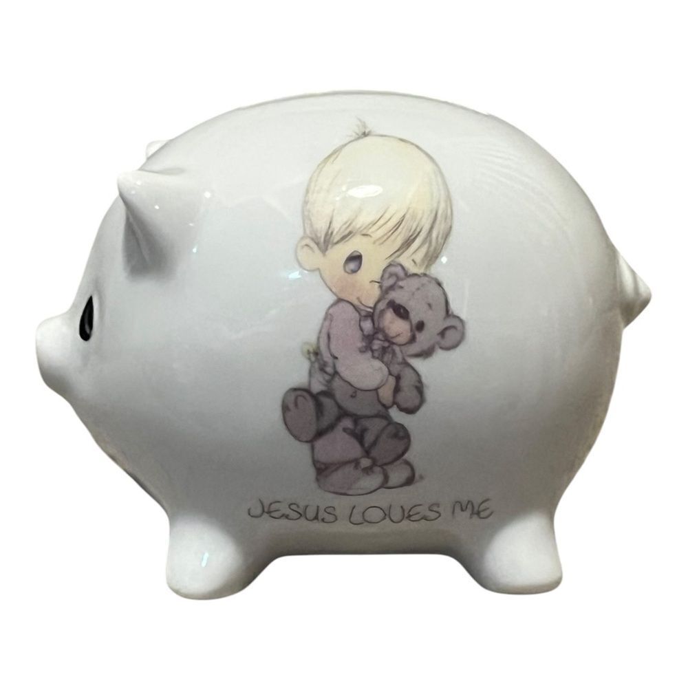 Precious Moments Enesco Piggy Bank Jesus Loves Me Boy w/Teddy Bear 1986